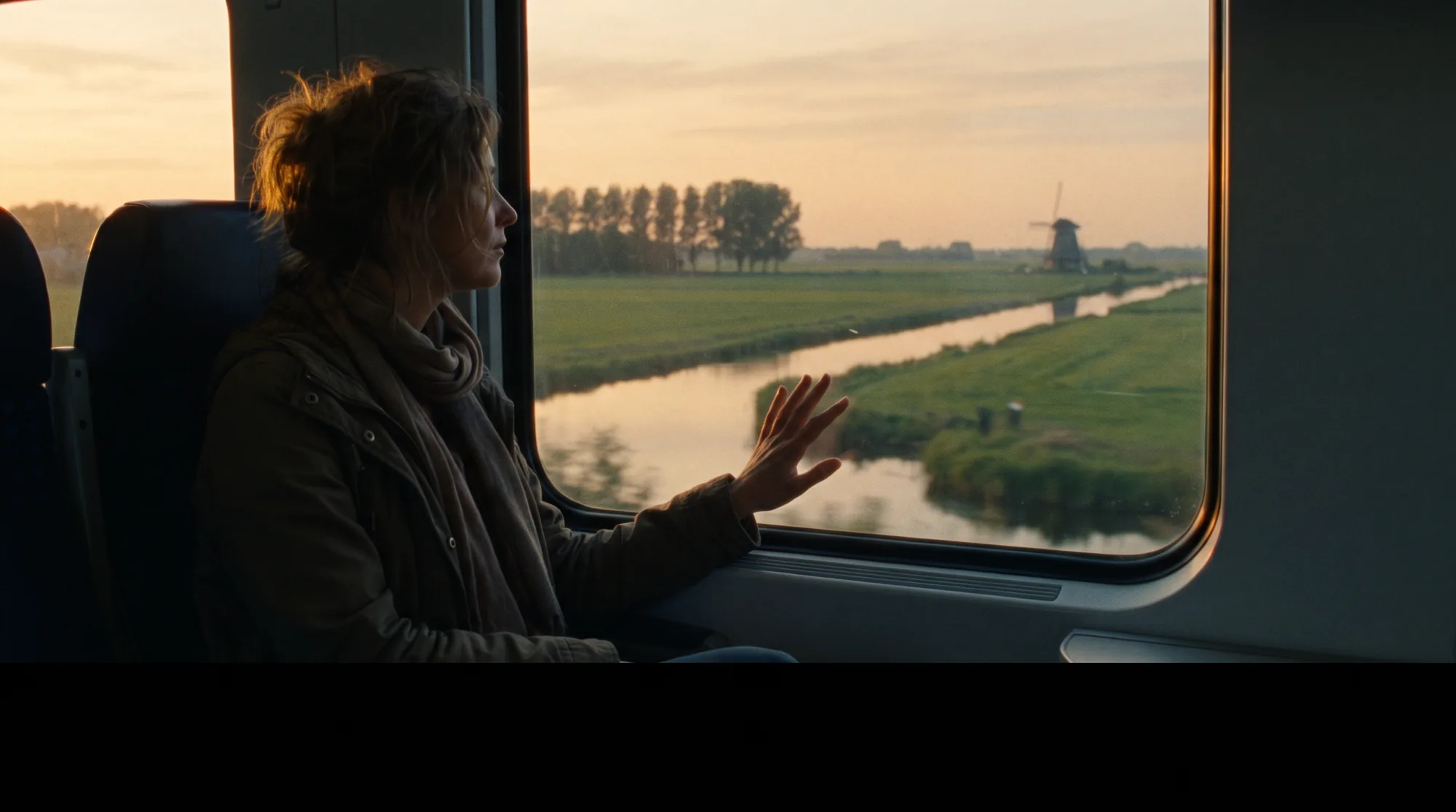 A passenger at a train window, watching a Dutch polder with a windmill and a canal pass by at sunset.