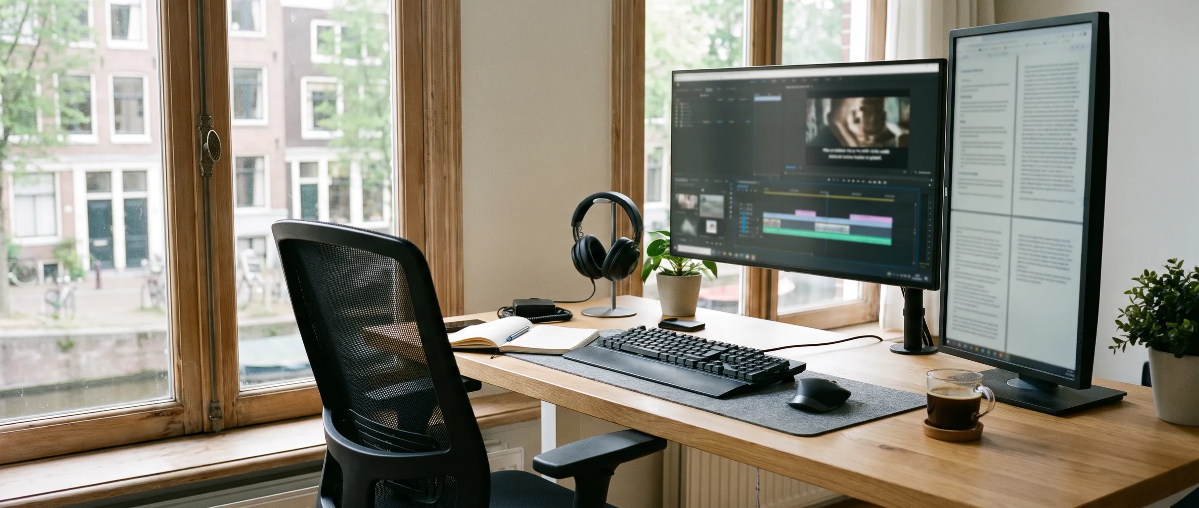 A translator's workstation by a canal-house window: a main monitor with a subtitle timeline, a second screen with two columns of text, keyboard, mouse and studio headphones.