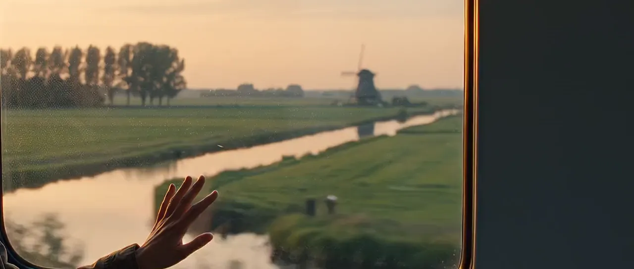 The Dutch polder passing a train window at sunset.