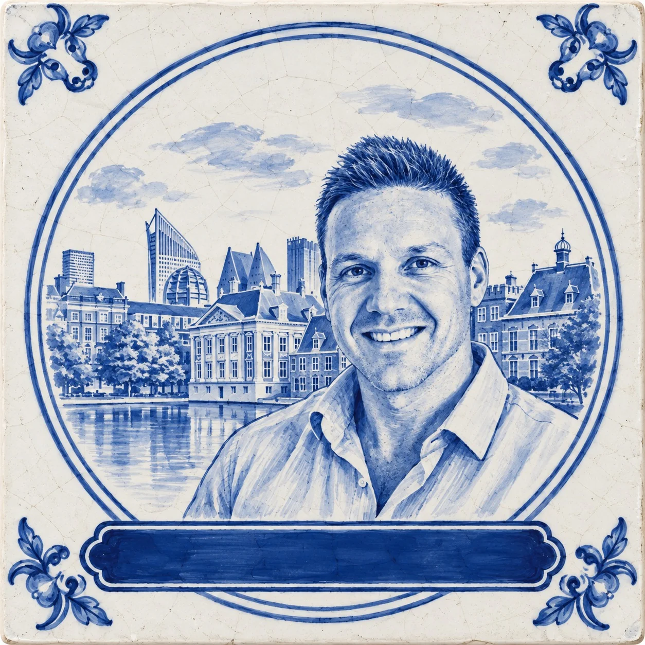 Joel van Valkenhoef painted on a Delft blue tile, with the Hofvijver and the skyline of The Hague behind him.
