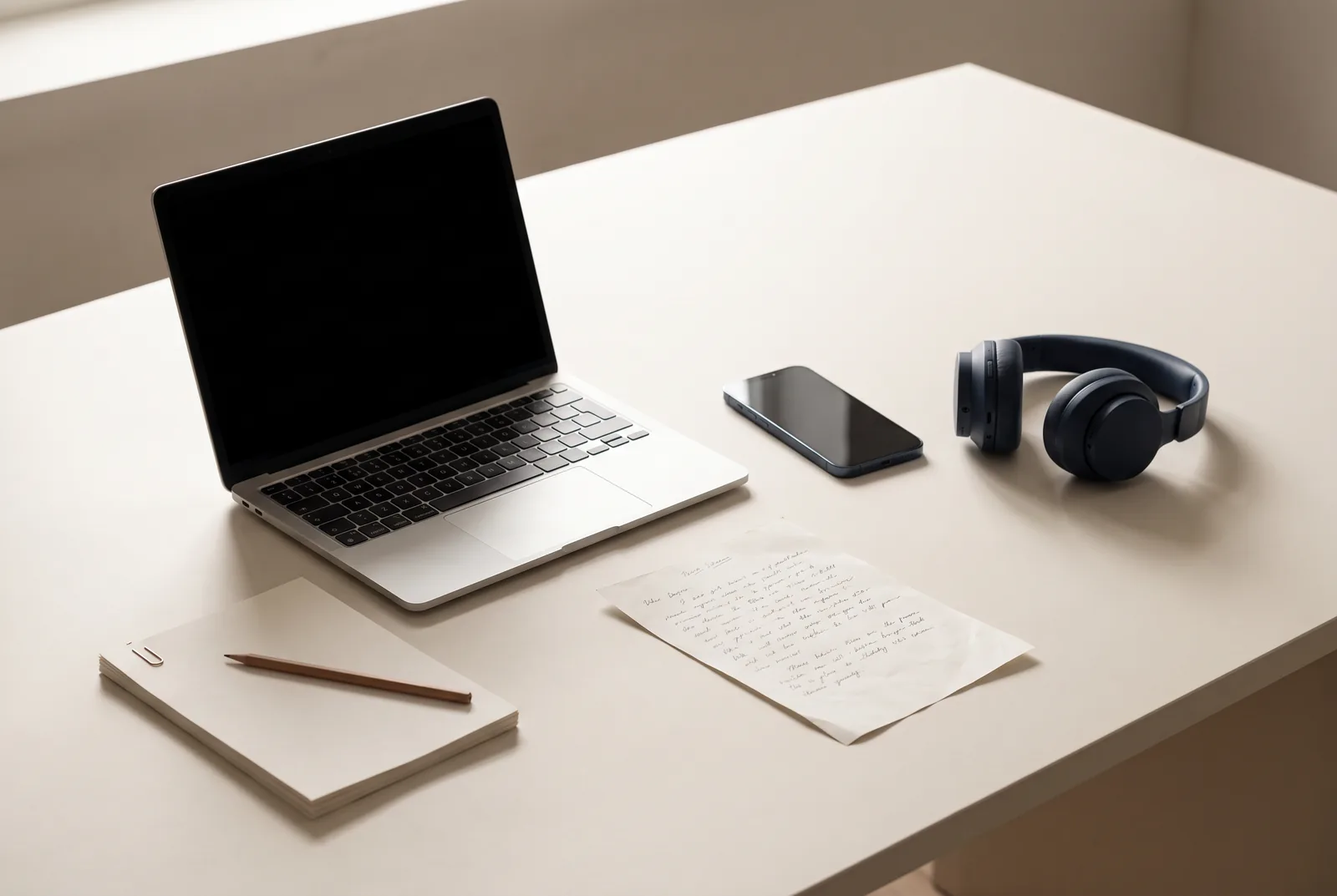 A laptop, a phone, headphones, a notebook and a handwritten page laid out on a table.