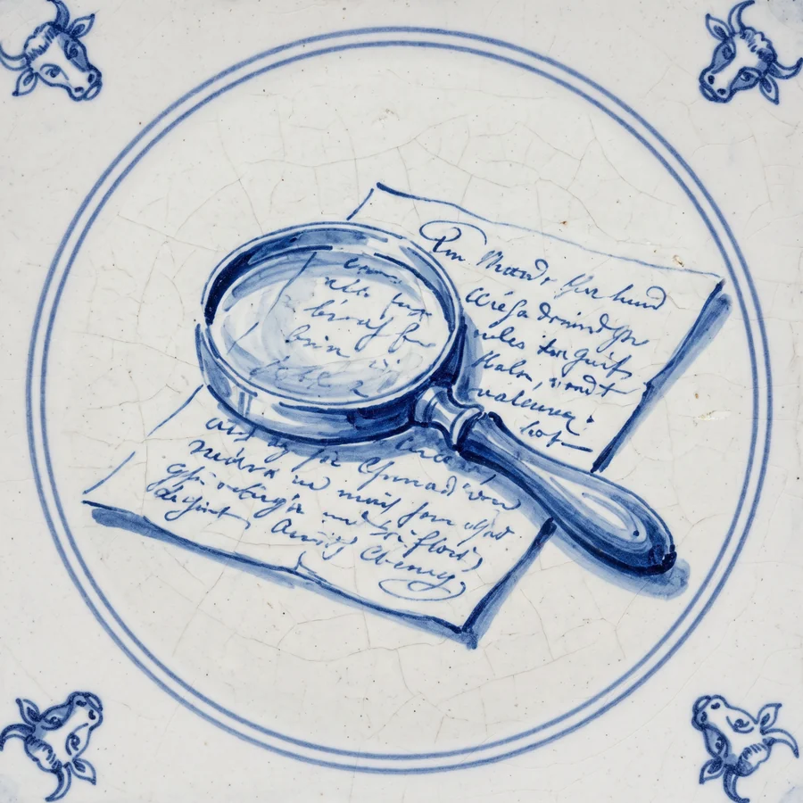 Delft tile painted with a magnifying glass on a handwritten page