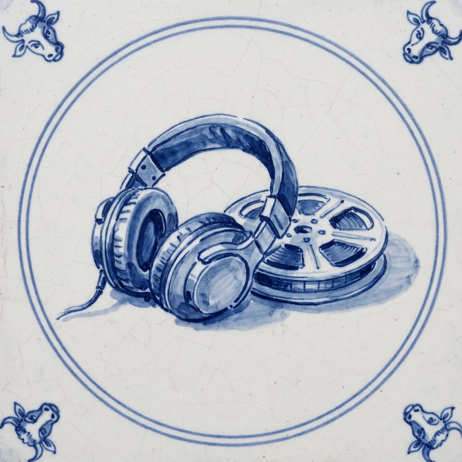 Delft tile painted with studio headphones and a film reel