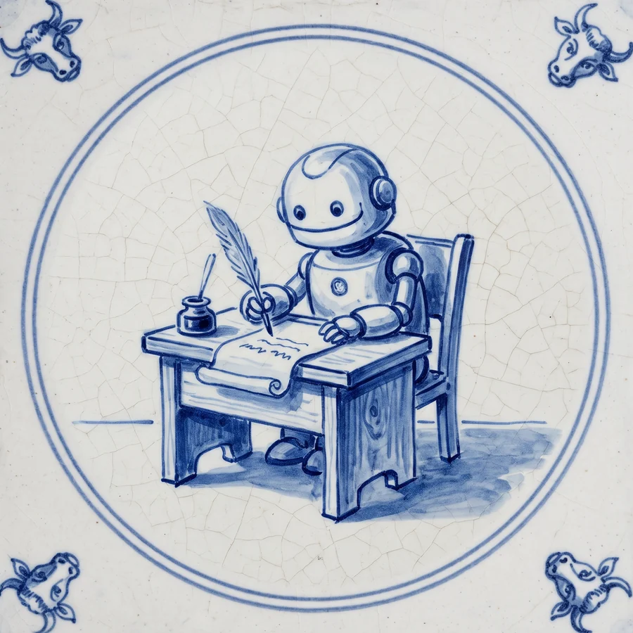 Delft tile painted with a small robot writing with a quill pen