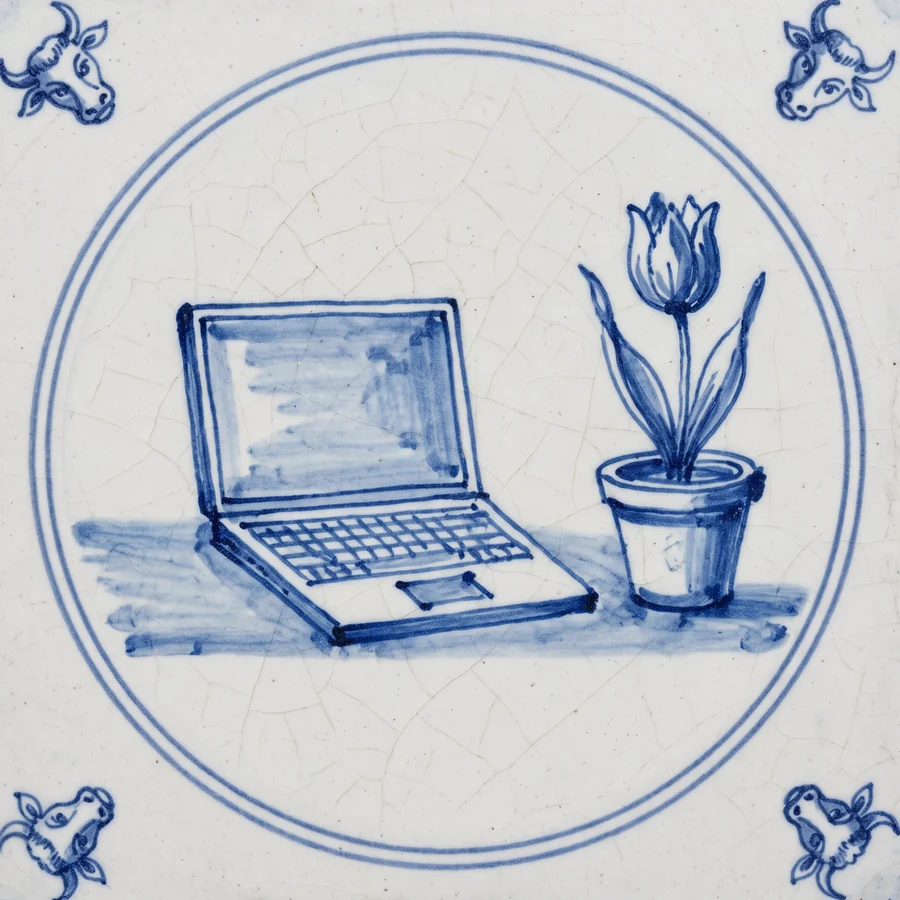 Delft tile painted with a laptop and a tulip in a pot