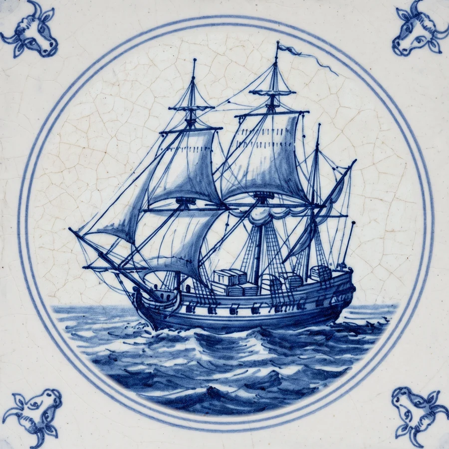 Delft tile painted with a sailing ship carrying crates