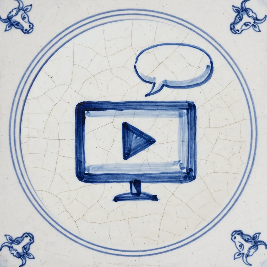Delft tile painted with a video screen showing a play symbol and a speech bubble