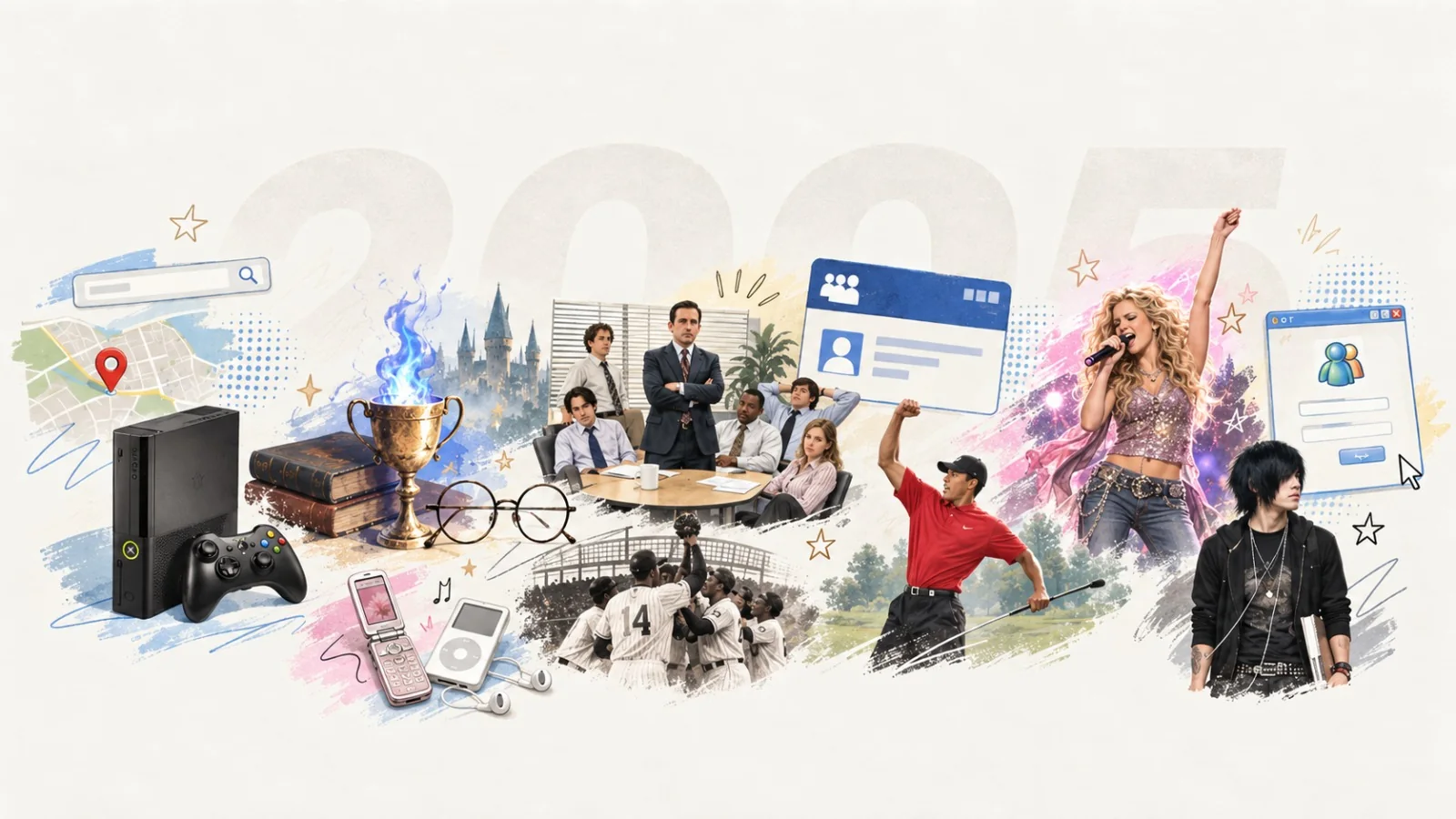A collage of the year 2005: a games console, a flip phone and a music player, a web search bar and map pin, an early social network page, a chat window, and scenes from the television, sport and music of that year.
